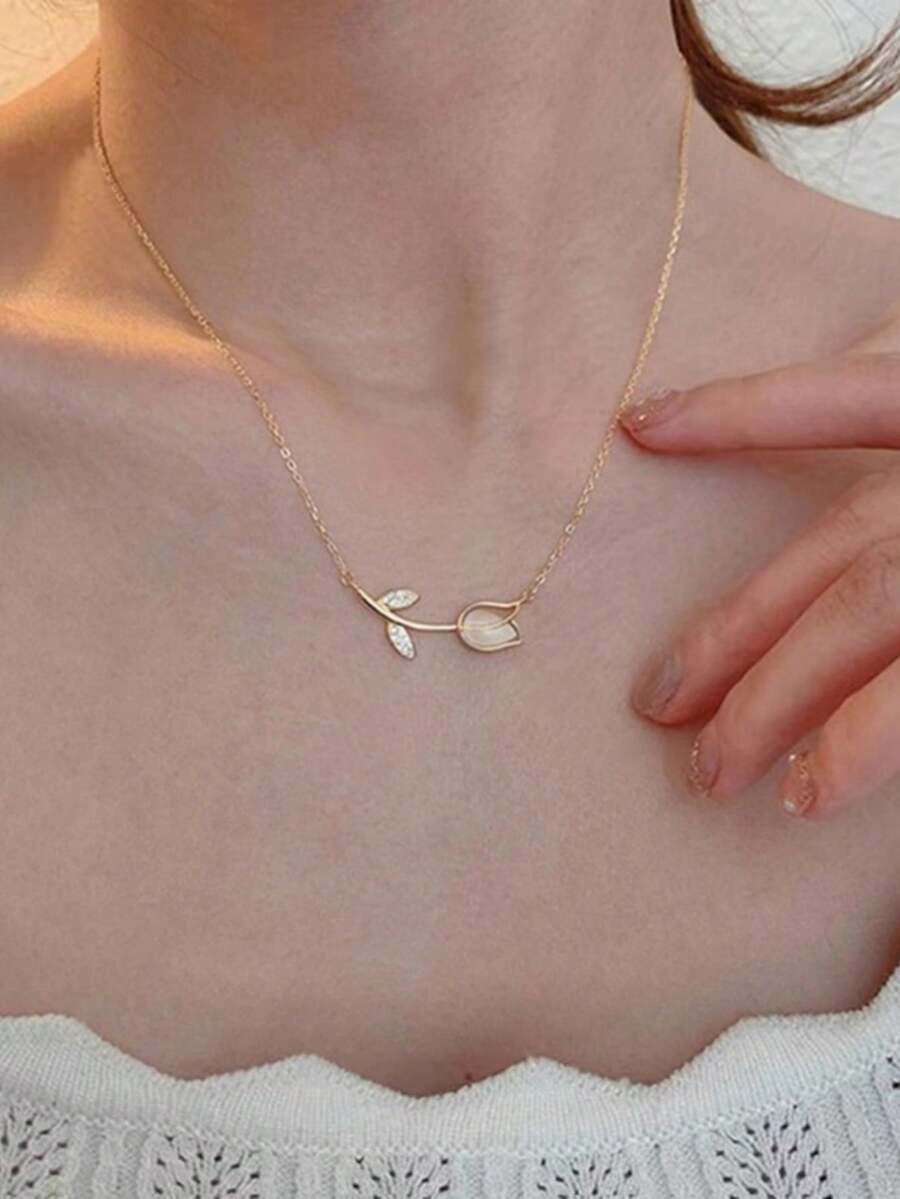 1 件时尚优雅简约郁金香花项链 - 彩色 - 查看 1