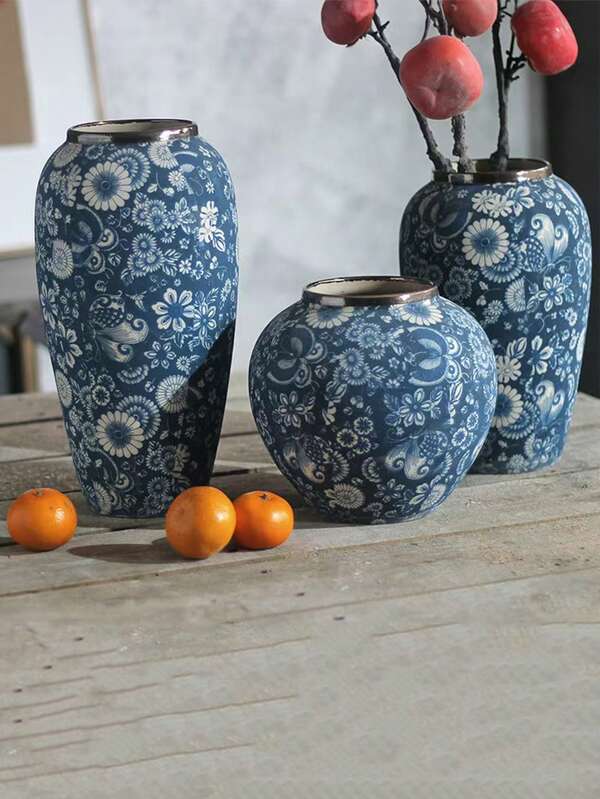 Vaso de cerâmica estilo campestre, 1 peça, vaso antigo azul e branco, vaso alto retrô, adequado para entrada de sala de estar, mesa de jantar, cozinha, casamento, presente (plantas não incluídas), ótimo para presentear
