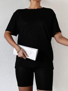 Set playera larga shorts biker dama juvenil fresco cómoda casual informal casa loungewear conjunto básico México - Negro - Ver 1