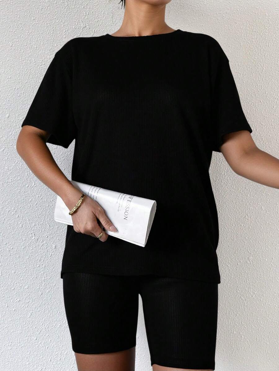 Set playera larga shorts biker dama juvenil fresco cómoda casual informal casa loungewear conjunto básico México - Negro - Ver 1