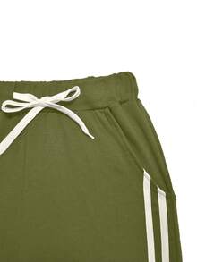 夏季女士无袖条纹短袖上衣和口袋侧条纹裤慢跑套装家居休闲运动装