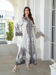 V-Neck Robe, Regular Fit, All-Over Print, 75D Stretchy Soft Fabric, Regular Sleeve, Sparkly Rhinestone Embellishment, Elegant & Luxurious Arabic Style Jalabiya Long Dress