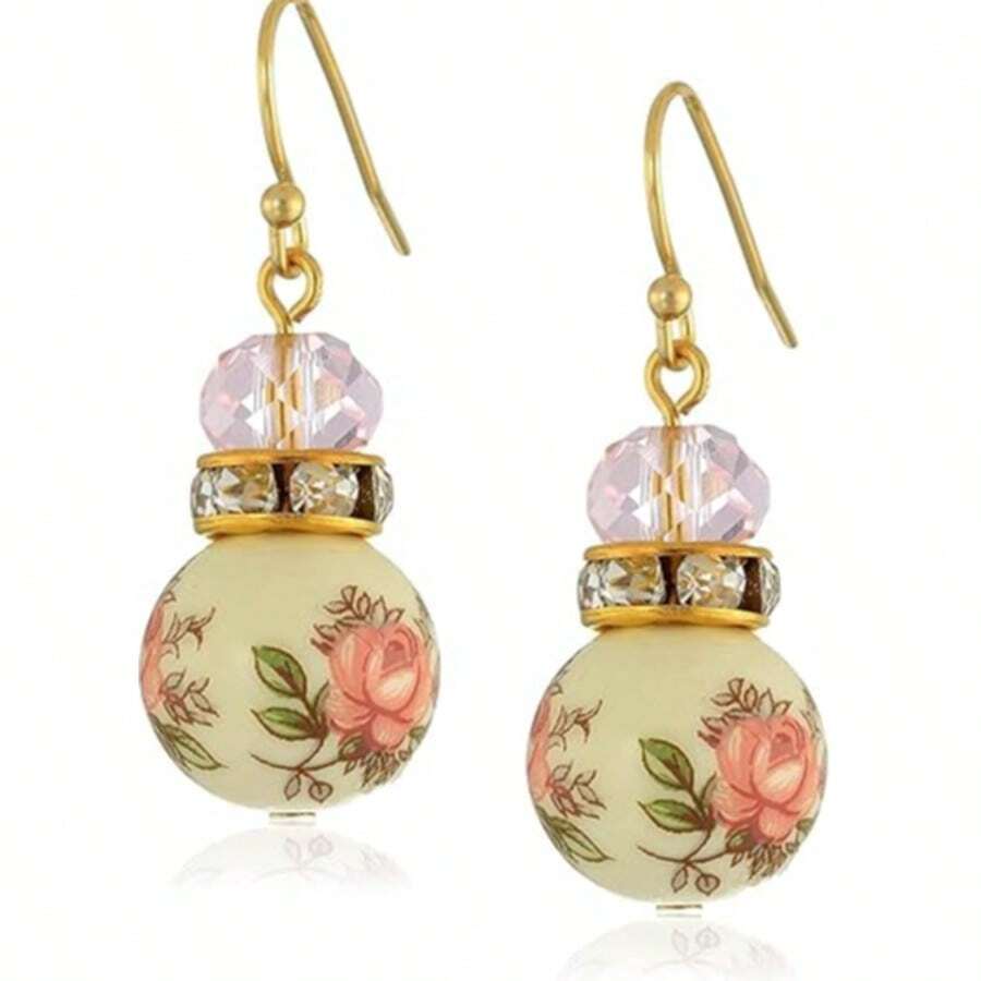 1928 Jewelry Drop & Dangle Earrings (1 Pair) - 1928 Jewelry Pink Floral Decal Beaded Drop Earrings - View 1