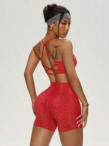 Bộ đồ tập yoga nữ in họa tiết da rắn gồm áo tank top và quần short, thích hợp cho yoga, chạy bộ, tập thể dục, trang phục thể thao mùa xuân/hè. - Đỏ - Xem 3