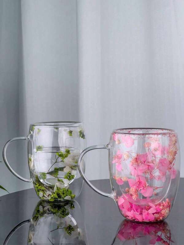 1 Double-Layer Glass Coffee Cup With Dried Flowers, Insulated And Heat-Resistant Water Cup, Suitable For Hot And Cold Drinks, Perfect For Cold Drinks, Sparkling Water, Fruit Tea, Juice And Latte Coffee - Suitable For Weddings, Parties, Bridal Showers, Birthday Gifts, Etc