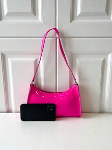 Solid Color Embossed Geometric Zipper Shoulder Bag, Fashion Retro Casual Waterproof Handbag For Women, Suitable For Office, Work, Business, Commute - Hot Pink - View 5