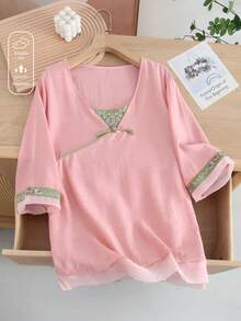 JIANHU Pastellrosa Leinen Boho Bluse - Sommer Blumen bestickte Oberteile | Obi Knoten Ausschnitt & grüner botanischer Saum für 4. Juli/Abschluss/Gartenfest | Weich & atmungsaktiv, locker geschnittenes Hemd - Pink - Übersicht 3