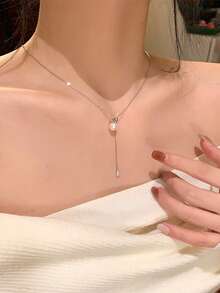 1pc Minimalist Titanium Steel Non-Fading Pearl Snake Bone Necklace - White - View 3