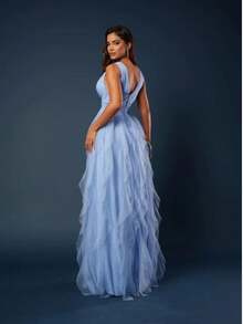 Long Party Dress With Sparkle And Cascading Skirt With V-Neckline - 寧靜藍 - 查看 2