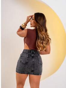 Women's High Waisted Denim Skirt With Rhinestone Crystals And Black Shine I 100% Cotton - 黑色石洗 - 查看 4