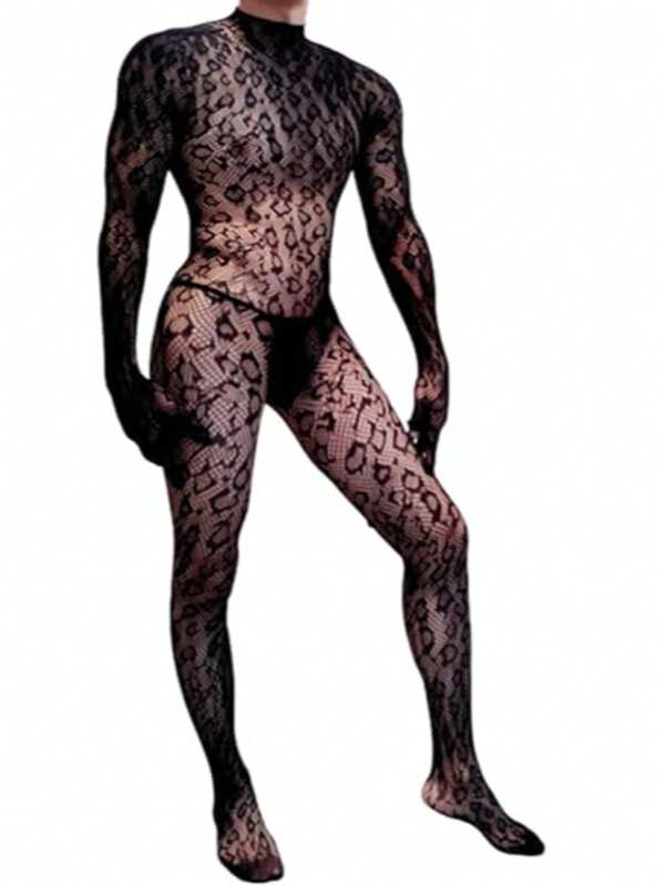 1pc Sexy Alluring Men's Leopard Print Bodysuit, Suitable For Festivals, Parties, Clubs - Leopard Print Lace Bodysuit, Sexy Lingerie Outfit, Novelty Costume For Men - Carnival/Club/Festival/Party/Nightclub/Date Night/Gift For Partner