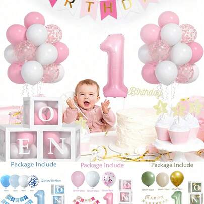 Bộ trang trí sinh nhật 1 tuổi cho bé trai và bé gái, bóng bay nhiều màu sắc với số 1, bóng bay hình ngôi sao và trái tim, cùng băng rôn sinh nhật, được thiết kế cho bữa tiệc sinh nhật của bé 1 tuổi.