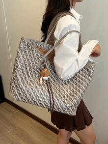 2026新款流行女士手提包，大容量通勤小众设计单肩包，休闲百搭简约时尚托特包，舒适PU材质，撞色菱形设计，拉链闭合，舒适双肩带，容量大，秋冬托特包（注：不含吊坠配件） - 卡其色 - 查看 4