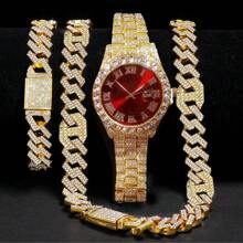 Set de joyería de 3 piezas estilo europeo y americano hip-hop con diamantes completos, reloj, collar y pulsera con rhinestones, correa de metal y calendario, regalo para estudiantes hombres y mujeres