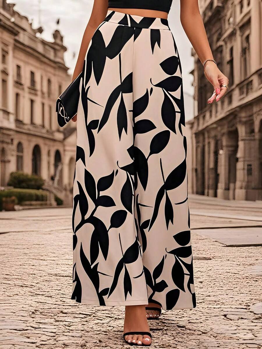 Sensual Star Clasi Pantalones de Mujer de Cintura Alta y Pierna Ancha con Estampado de Plantas, Casuales y Sueltos, para Uso Diario - Caqui - Ver 1