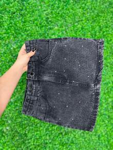 Women's High Waisted Denim Skirt With Rhinestone Crystals And Black Shine I 100% Cotton - 黑色石洗 - 查看 9
