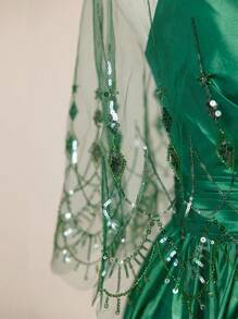 Abito elegante vintage verde a ruota per la madre della sposa, con stola in pizzo e paillettes, stola inclusa
