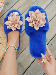 四季毛绒拖鞋，带蝴蝶结的温暖室内毛皮拖鞋，适合春、夏、秋、冬的白色保暖拖鞋 - 卡其色 - 查看 7