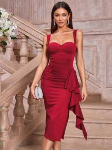 CurvySweet Classic Elegant Fitted Midi Dress With Ruffle Hem, Boned Bodice, Suitable For Business, Social Events, Wedding Party Dress,Valentines Day Dress - Red - View 5