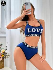 2件套“LOVE”印花前开运动胸罩和配套短裤 - 寶藍色 - 查看 4