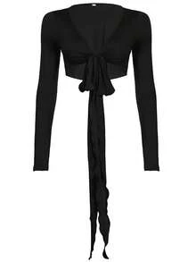 Women Fitness Yoga T-Shirts Solid Color Tie-Up Front V-Neck Long Sleeve Bottoming Shirt Seamless Workout Crop Tops Shrugs - màu đen - Xem 8