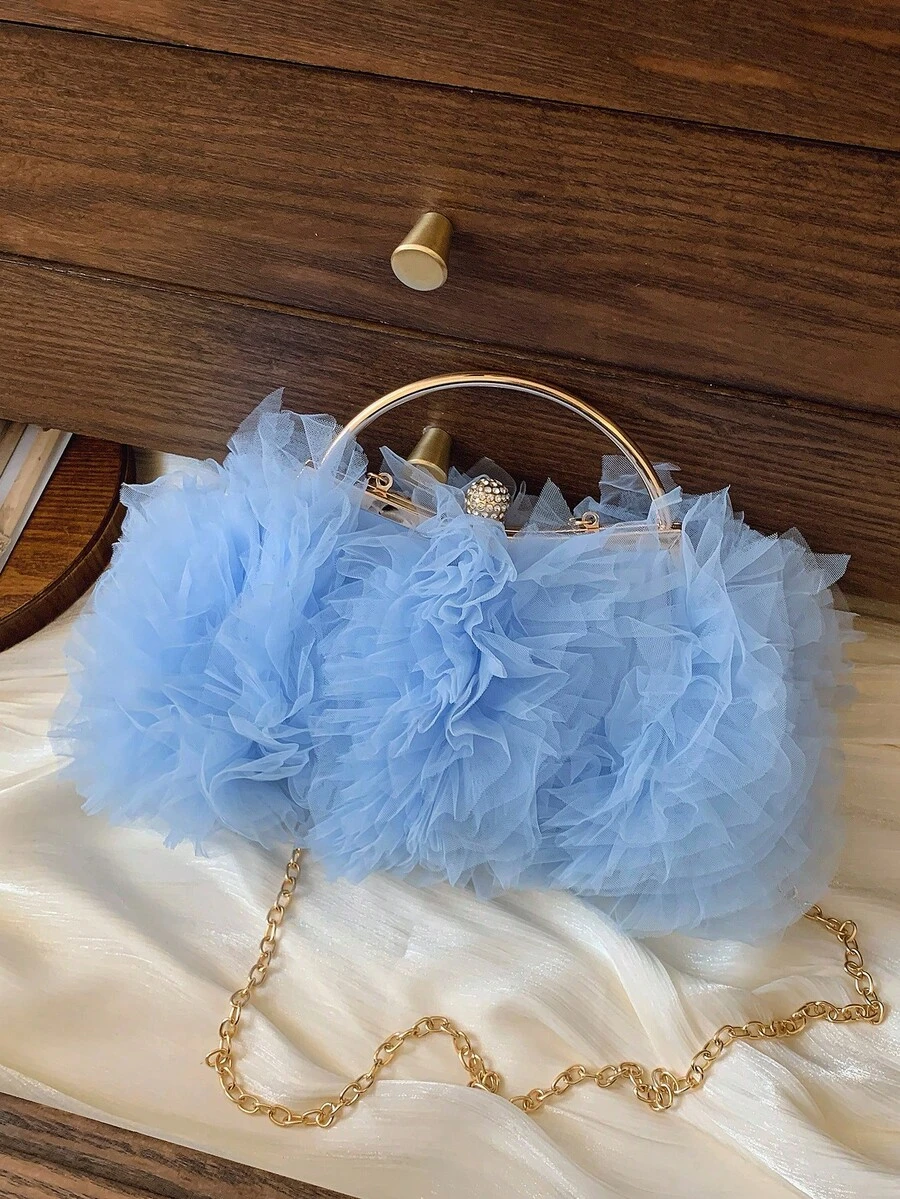 2025 Frühling/Sommer Neue Weiße Romantische Hochzeitssaison 1 Stück Weiße Mesh Volant Quaste Kristall Dekor Handtasche, Hochwertige Luxus Damen Abendkleid Party Braut Clutch Geldbörse für Hochzeit, Abschlussball, Bankett