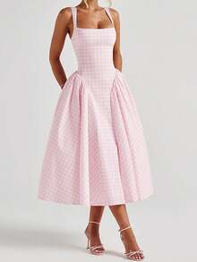 Women Sleeveless Corset Dress Summer Plaid Print Backless A-Line Party Dress For Vacation Cocktail Beach Streetwear - 粉色 - 查看 4