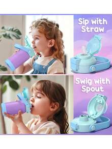 2 Pack Kids Insulated Water Bottle With Pop-Open Straw & Spout 2-In-1 Lid, 18oz Leak Proof 18/8 Stainless Steel Vacuum Tumbler, Kids Cup For Travel School Boys Girls, Macaron - Macaron - View 3