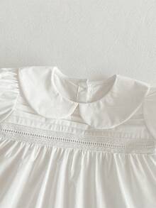 夏季少女蕾丝边镂空格纹翻领白色连衣裙 - 白色 - 查看 4