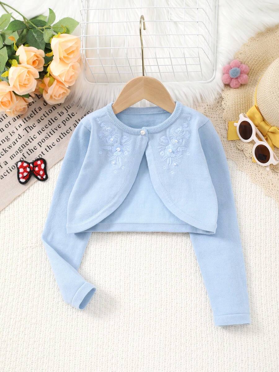 Girls' Fashion Casual Short Button Embroidered Knit Cardigan Jacket, Size Runs Large, Suggest Ordering One Size Down - Baby Blue - View 1