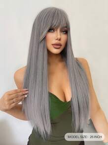 1-Piece Synthetic Heat Resistant Straight Hair With Bangs Princess Cut Wine Cyan Or Grey 26 Inch Fully Machine Woven Daily Natural Realistic Wig