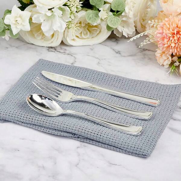 150pcs/75pcs/30pcs/25pcs/10pcs/5pcs Reusable Elegant Plastic Cutlery Set In Silver Color, Includes Cake, Salad, Pasta Forks/Spoons/Knives, Suitable For Dining, Parties, Banquets, Birthdays, And Weddings