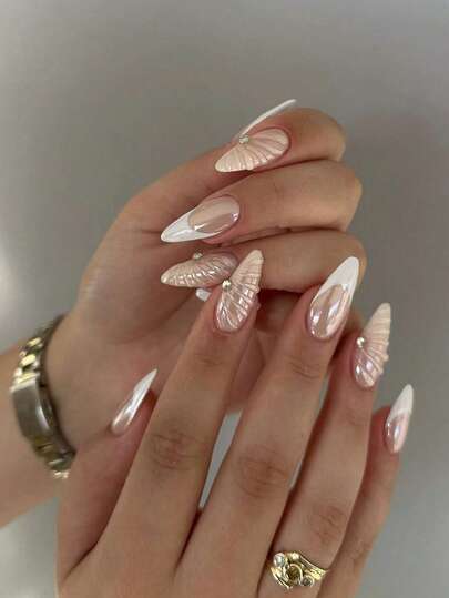 24Pcs Y2K Style Magic Silver Long Almond 3D Gelnail Makes White French Tip Press On Nails Long, Glitter With Rhinestone Design Fit Perfectly Acrylic False Nail Set,Contain 1Pc Jelly Glue And 1Pc Nail File, Summernails & French Tip Nail For Women And Girls To Diy Daily Work Study And Party Use Nail Supplies Nails