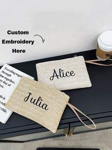 1pc Customized Women's Straw Clutch Bag, Can Customize Your Name, Bohemian Summer Beach Bag With Zipper, Wrist Strap Wallet, Fits Phone, Coins & Keys - Lightweight, Washable, Polyester Lining - Khaki/Beige, Beach Accessory | Bohemian Style | Woven Material, Beach Bag - Multicolor - View 2