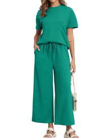 COMFY VOGUE 2pcs Women's Solid Knit Casual Vacation Drawstring Short Sleeve Top And Pants Set, Lightweight - 綠色 - 查看 4