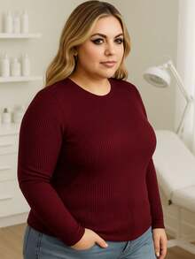 Plus Size T-Shirt Long Sleeve Ribbed Blouse Autumn Winter Moms Cold Versatile Comfortable Casual Style - 酒紅色 - 查看 2