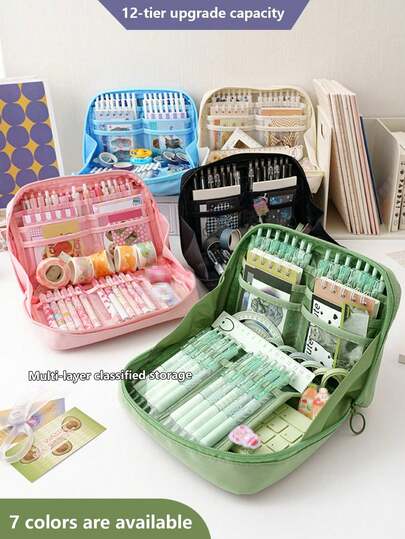 1pc Simple Color Wide-Open Pencil Bag Pen Case, 12-Story Large-Capacity For Stationery Student Back To School Reward Gift,Back To School,School Supplies,Pencil Case,Pencil Pouch,School Bag