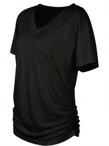 Womens Short Sleeve Dolman Tops With Side Shirring Loose Fit Shirts - Black - View 5