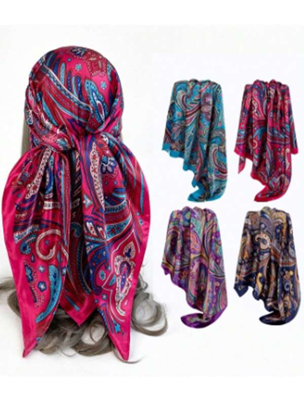 1pc 90cm Square Scarf With Cashew Flower Pattern, Fashionable Silky Scarf/Shawl For Women, Suitable For Wearing Out In Various Occasions And Styles