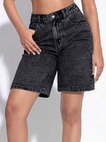 Women's Black Straight-Leg Bermuda Jeans - Casual And Versatile Style - 黑色 - 查看 1