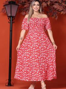 WOMEN'S LONG MIDI DRESS WITH PUFFED SLEEVES, RUFFLED, OFF-THE-SHOULDER, TRES MARIAS FLORAL - Rojo Polvo Cósmico - Ver 2