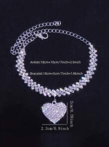2Pcs Rhinestone Rhombus Beach Bracelet Anklet Set For Women, Simple Chic Crystal Heart Pendant