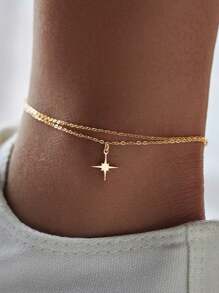SYMFNY 1pc 925 Sterling Silver Elegant Square Cubic Zirconia Octagram Pendant Anklet, Suitable For Women's Daily & Vacation Wear, Jewelry Gift