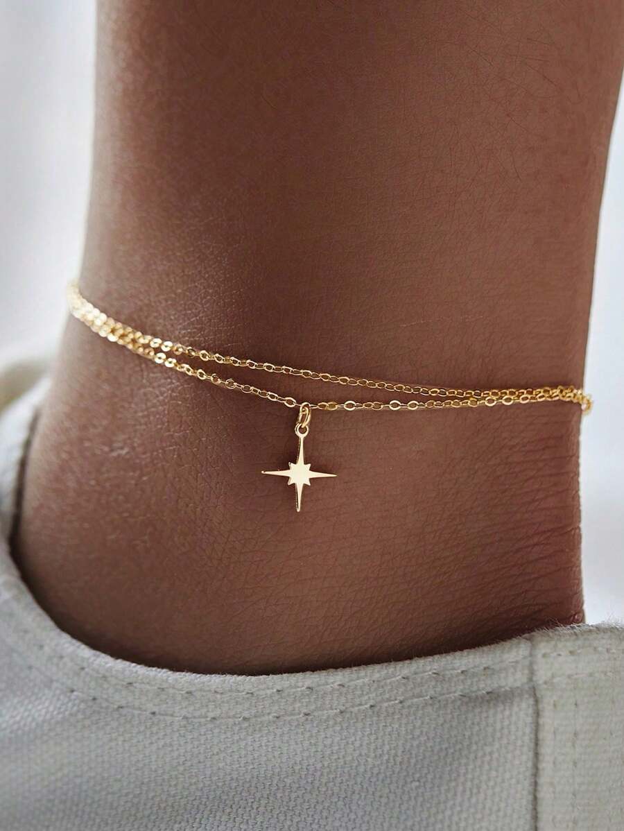 SYMFNY 1pc 925 Sterling Silver Elegant Square Cubic Zirconia Octagram Pendant Anklet, Suitable For Women's Daily & Vacation Wear, Jewelry Gift