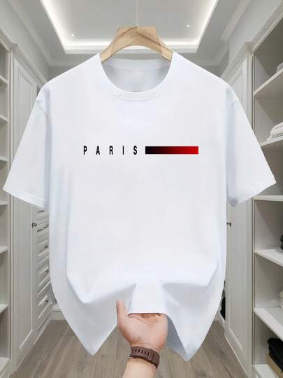 Camiseta 100% para Hombre - Camiseta Casual con Estampado Gráfico de París, Ajuste Regular de Manga Corta y Cuello Redondo, Comodidad Transpirable para Todas las Estaciones, Atuendo Casual Versátil para Adolescentes y Jóvenes, Camisetas, Ropa para Adolescentes, Ropa Casual Moderna, Camiseta de Tela Suave, Atuendo Diario, Diseño Minimalista, Material Ligero, Top con Estampado, Jóvenes