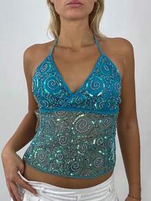 Summer Sequin Tops For Women Y2k Halter Crop Cami Tops Sparkly Spaghtti Strap V Neck Backless Sexy Tank Tops Sheer Mesh Camisole Top Sexy Going Out Tops Vintage Clubwear Aesthetic Clothes 2000s - Màu xanh lam - Xem 1