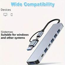 7-In-1 USB HUB With USB-C/USB3.0 Dual Interface, USB Splitter With 1 USB 3.0, 4 USB 2.0 And 2 USB-C Ports, For Electronics/PCs/Laptops And Accessories/Peripherals, Aluminum Alloy Body
