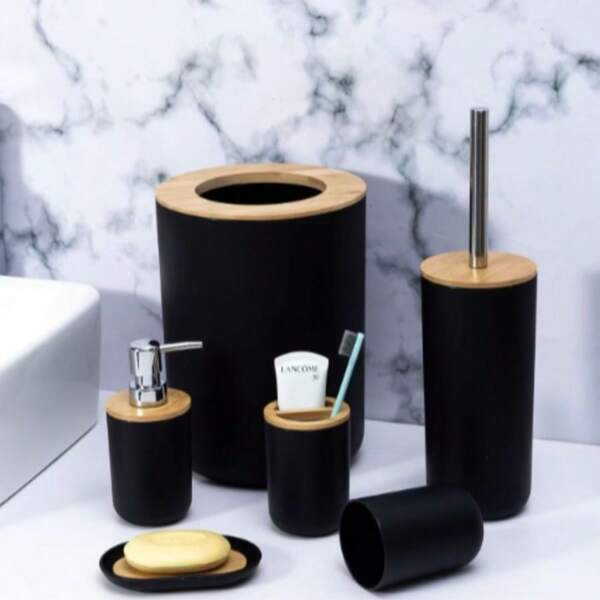 6-Piece Stylish Bathroom Set Household Bathroom Toilet Cleaning Tools Toiletries Trash Can Hydraulic Cup Soap Box Toothbrush Holder, Perfect Solution To Bathroom Supplies Problem