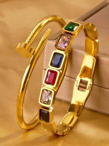 2 pièces Bracelets-joncs élégants et classiques avec zirconias carrés colorés, bracelets-joncs en acier inoxydable avec zirconias cubiques 5A sertis en forme de trèfle, idéaux pour les anniversaires, les fêtes, les cadeaux de la Fête nationale d'Arabie saoudite pour les femmes, les filles et les mères