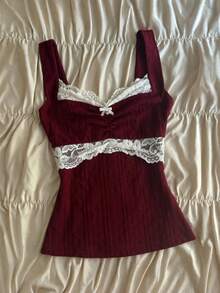 Women Y2k Summer Tank Tops Lace Trim Square Neck Sleeveless Vest Tops Vintage Slim Fit Shirts Fairy Grunge Aesthetic Knit Ribbed Coquette Clothes Harajuku Streetwear Emo Girls Camisole Tops 90s - 酒紅色 - 查看 1